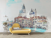 Venetian Daydream watercolor wall mural of Venice with dome architecture and canal, styled with a yellow sofa and modern interior decor.