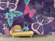 Butterfly wall mural featuring teal, pink, and purple butterfly designs on a textured dark purple background, perfect for adding elegance to bedrooms or creative spaces.
