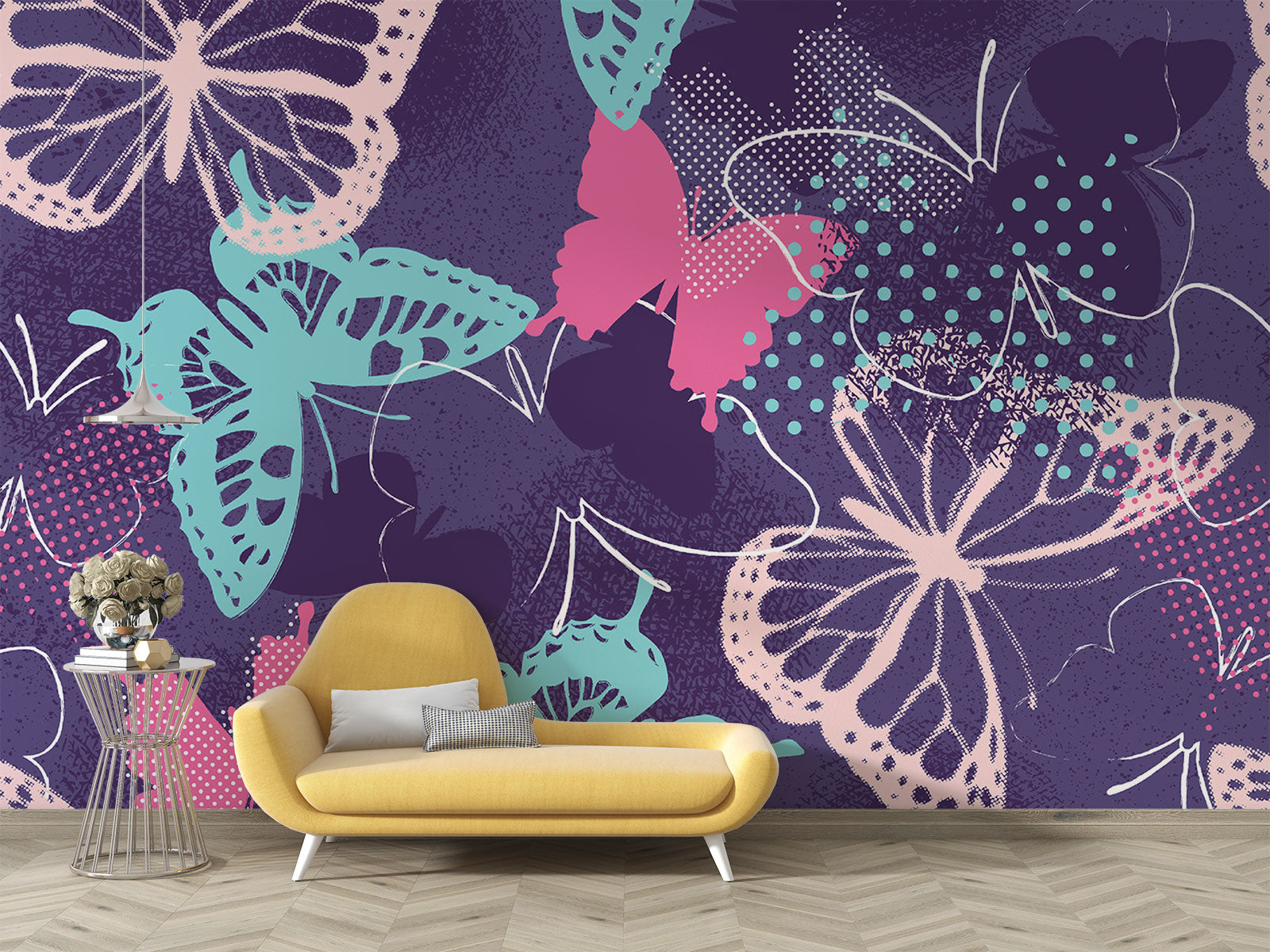 Butterfly wall mural featuring teal, pink, and purple butterfly designs on a textured dark purple background, perfect for adding elegance to bedrooms or creative spaces.
