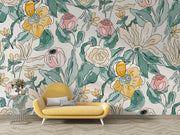 Charming  floral wall mural with pink, yellow, and green flowers in a modern living room with yellow sofa.