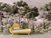 Serene Woodland Wall Mural depicting a lush forest with misty trees in soft green tones, perfect for creating a tranquil bedroom atmosphere.