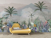 Exotic tropical wall mural with lush foliage, palm trees, and vibrant flowers in a jungle-inspired design.
