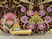 Opulent bloom wall mural with intricate lilac, peach, and green flowers on a dark background in a living room with yellow sofa.