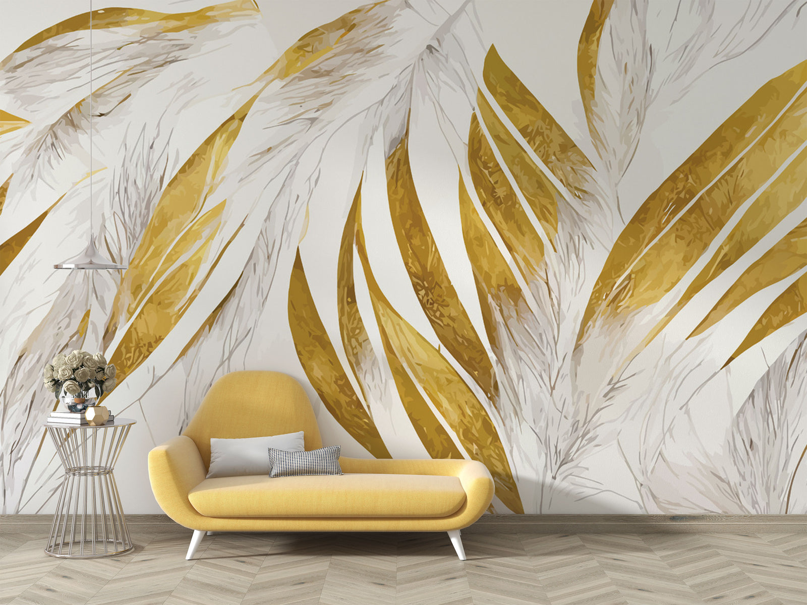 Modern abstract wall mural with golden and beige feather leaf patterns behind a yellow lounge chair