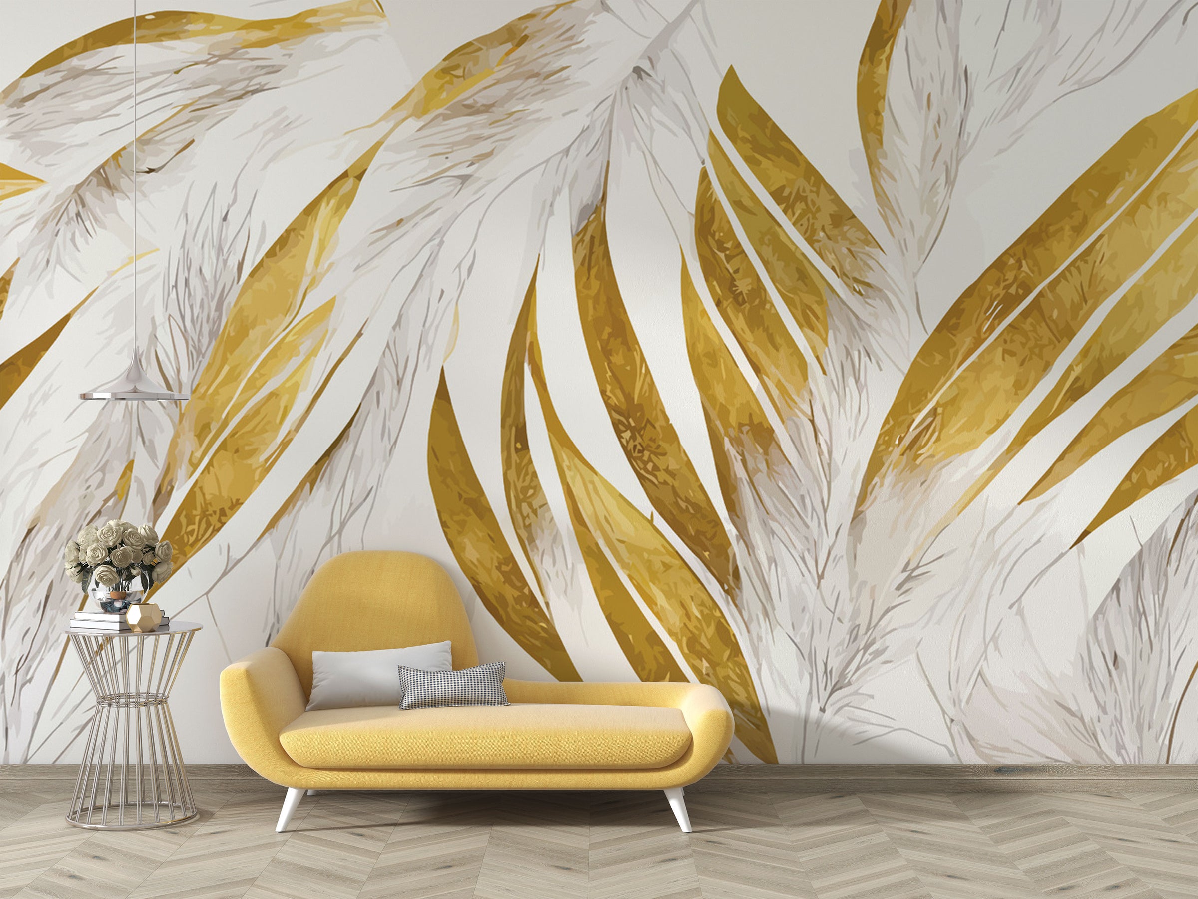 Modern abstract wall mural with golden and beige feather leaf patterns behind a yellow lounge chair
