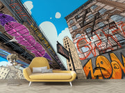 Urban cityscape wall mural with graffiti, comic-style illustration of skyscrapers and underpass, modern street art wallpaper for bedroom or living room decor.