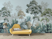 Hand-painted forest landscape wall mural with soft greens and layered trees, creating a tranquil and elegant nature-inspired interior.