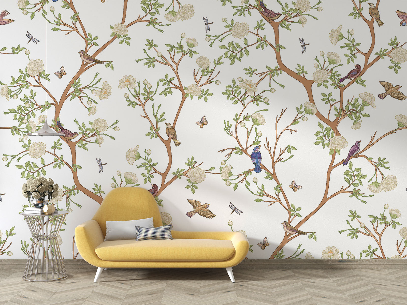 Nature-inspired floral and bird wall mural featuring blooming flowers, branches, birds, and butterflies in a living room setting.