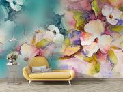 Watercolor blossom wall mural featuring hand-painted flowers in soft pastel and vibrant hues, creating a dreamy and elegant home décor statement.