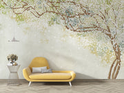 Elegant Blossom Wall Mural showcasing delicate floral branches with white blooms and a soft green gradient background, ideal for bedroom decor.