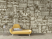 Sketch town wall mural featuring hand-drawn urban houses and rooftops, creating a nostalgic and artistic living room ambiance.