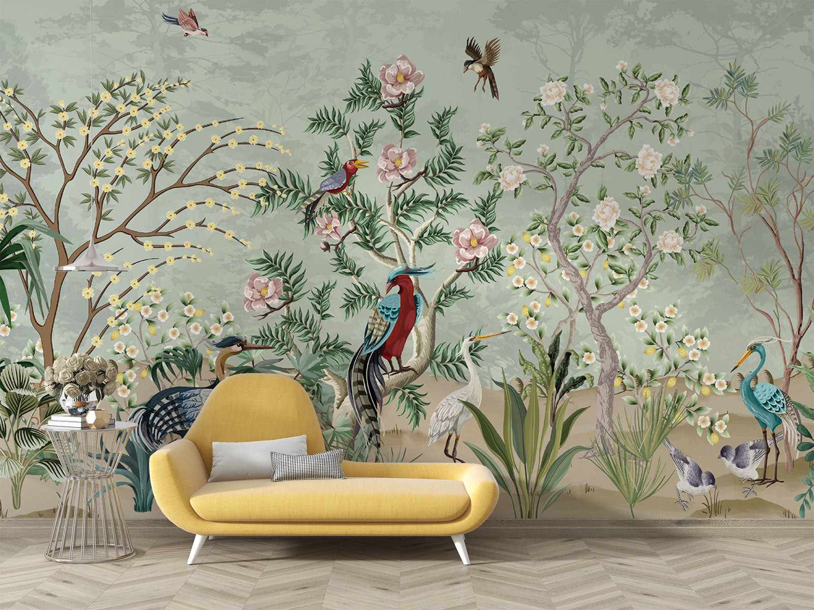 Hand-painted wall mural with exotic birds, lush green foliage, and delicate floral details, creating a tropical-inspired and sophisticated interior décor.