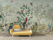 Hand-painted wall mural with exotic birds, lush green foliage, and delicate floral details, creating a tropical-inspired and sophisticated interior décor.