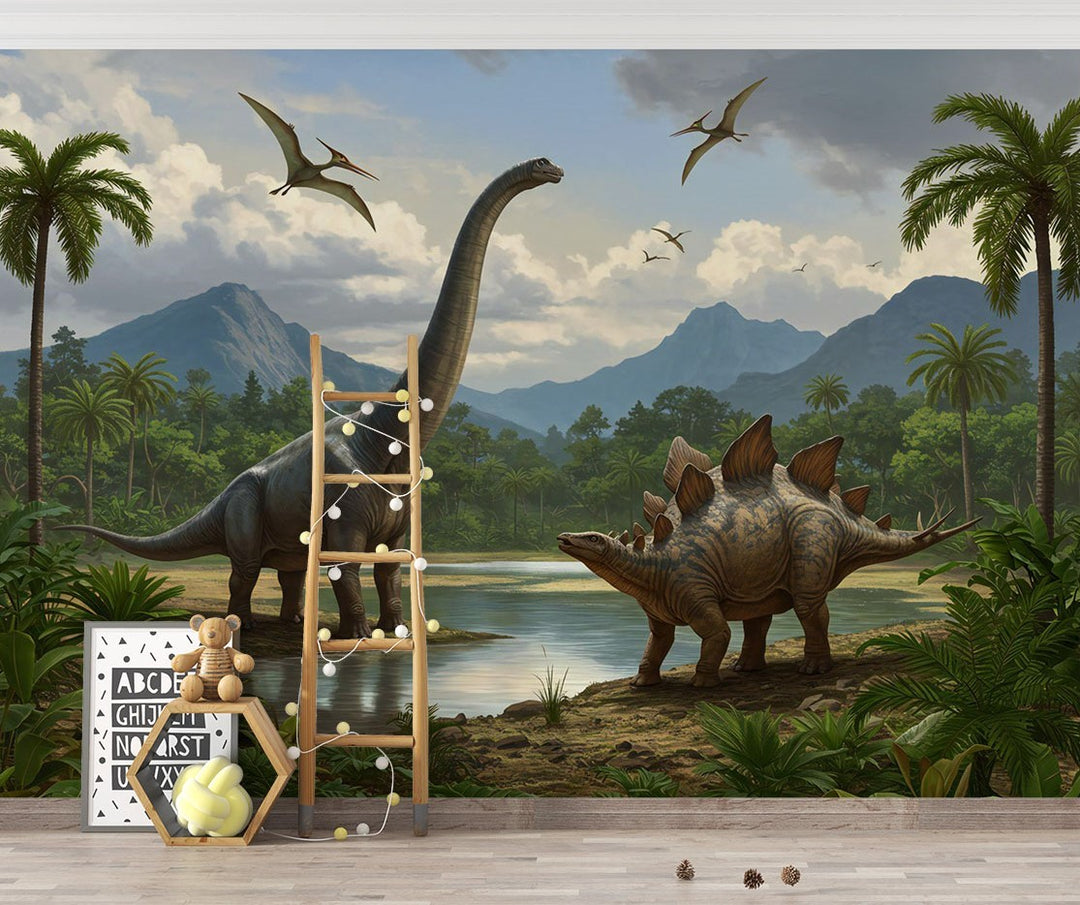 Realistic dinosaur wall mural featuring a Brachiosaurus, Stegosaurus, lush jungle landscape, towering palm trees, and flying pterosaurs in a prehistoric setting.
