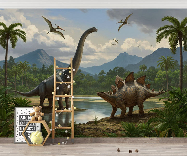 Realistic dinosaur wall mural featuring a Brachiosaurus, Stegosaurus, lush jungle landscape, towering palm trees, and flying pterosaurs in a prehistoric setting.