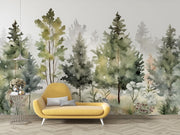 Watercolor forest wall mural with soft green pine trees and a misty effect, creating a peaceful and artistic woodland-inspired space.