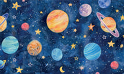 Hand-painted watercolor-style wall mural of planets, stars, and a dreamy blue galaxy, ideal for decorating kids’ bedrooms or playrooms.