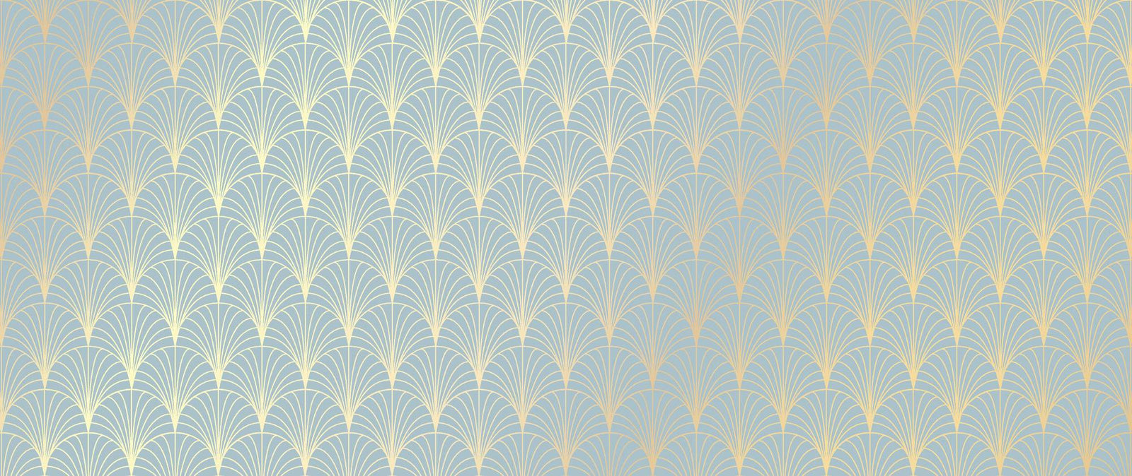 Patterned wallpaper with gold fan design on a light blue background