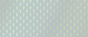 Patterned wallpaper with gold fan design on a light blue background