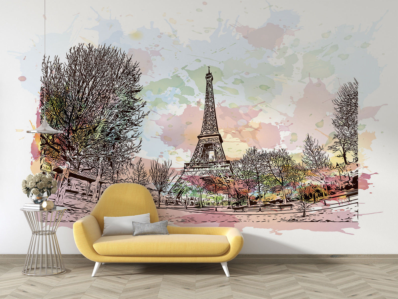 Watercolor Paris mural featuring the Eiffel Tower with pastel skies and ink sketch trees in a stylish living room setting.