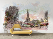 Watercolor Paris mural featuring the Eiffel Tower with pastel skies and ink sketch trees in a stylish living room setting.