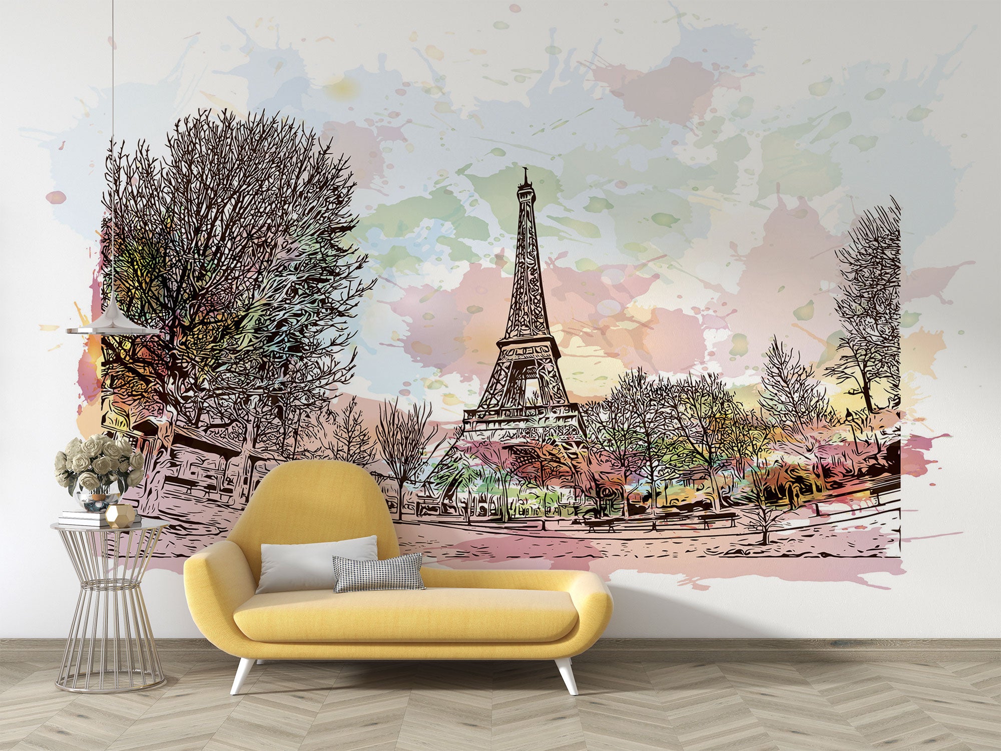 Watercolor Paris mural featuring the Eiffel Tower with pastel skies and ink sketch trees in a stylish living room setting.