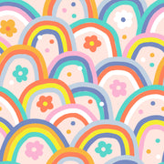 Kids wall mural with retro-style rainbow arches and colorful flowers in a playful.