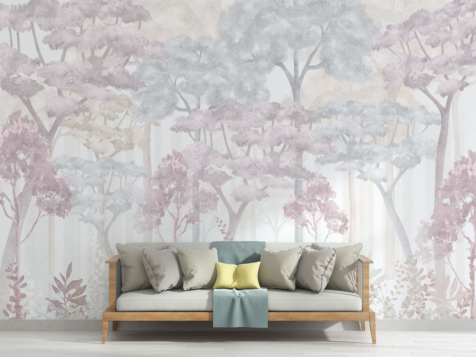 Soft Watercolor Forest Wall Mural with pastel trees in muted tones, creating a serene and dreamy natural atmosphere.