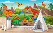 Cartoon dinosaur wall mural featuring a roaring T-Rex, playful dinosaurs, and a bright prehistoric landscape, perfect for kid's bedrooms and playrooms
