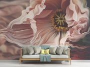 Dramatic macro flower wall mural featuring blush pink anemone with flowing petals, styled in minimalist room with a sofa.