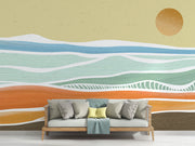 Minimalist abstract beach wall mural with pastel ocean waves, warm sand tones, and a contemporary artistic design – perfect for modern interiors.