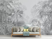 Monochrome Jungle Wall Mural featuring lush grayscale tropical foliage with intricate details, perfect for a calming modern space.