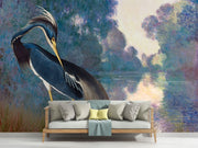 River Grace wall mural featuring a poised heron with rich blue feathers against a dreamy Impressionist river landscape in calming, painterly tones.