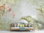 Watercolor-style flamingo wall mural with soft pastel tropical leaves, creating a serene and elegant nature-inspired interior décor.