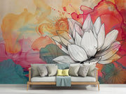 Radiant Lotus wall mural featuring black-and-white lotus illustration on vibrant watercolor background with red, orange, and teal hues.