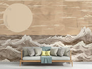 Minimalist ocean waves wall mural in beige and brown tones, featuring stylized waves and a large sun, perfect for modern and coastal-inspired living room decor.