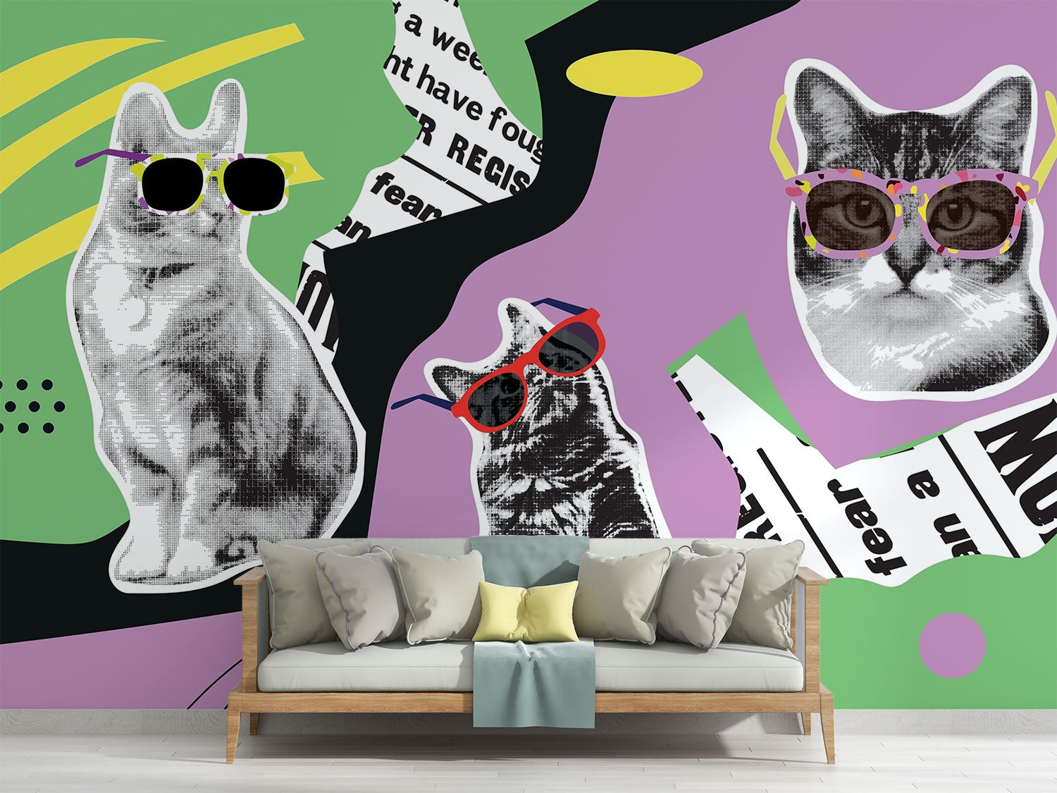 Retro pop art wall mural featuring black-and-white cats wearing colorful sunglasses, with a vibrant mix of geometric patterns, newspaper clippings, and bold colors.