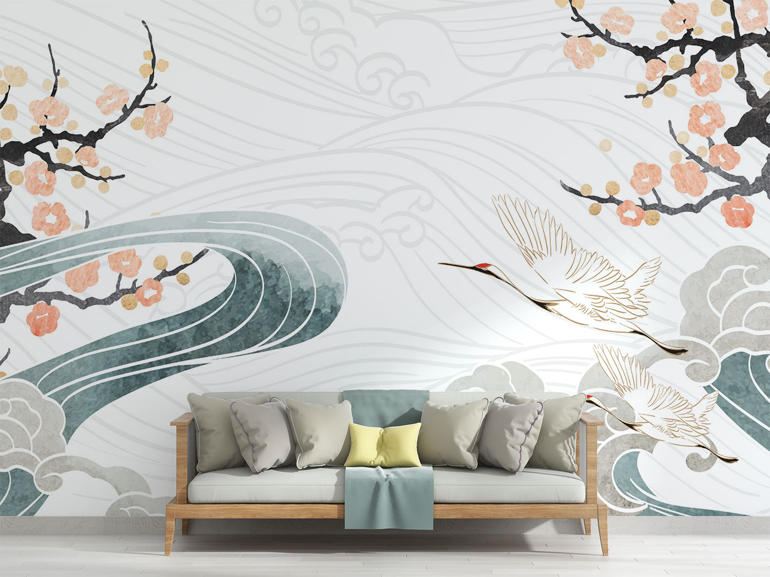 Crane Symphony Wall Mural – Elegant gold-accented cranes flying over ocean waves with cherry blossoms in a Japanese-inspired design.