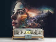 Cosmic Vision Wall Mural – Surreal Galaxy Wallpaper Featuring a Female Face Blending with a Nebula, Stardust, and Cosmic Light for Dreamy & Futuristic Interiors.