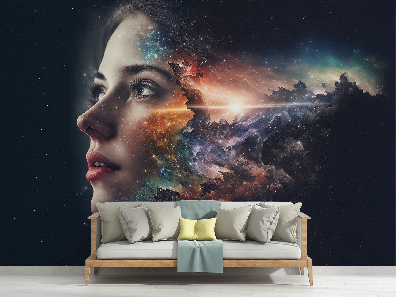 Cosmic Vision Wall Mural – Surreal Galaxy Wallpaper Featuring a Female Face Blending with a Nebula, Stardust, and Cosmic Light for Dreamy & Futuristic Interiors.