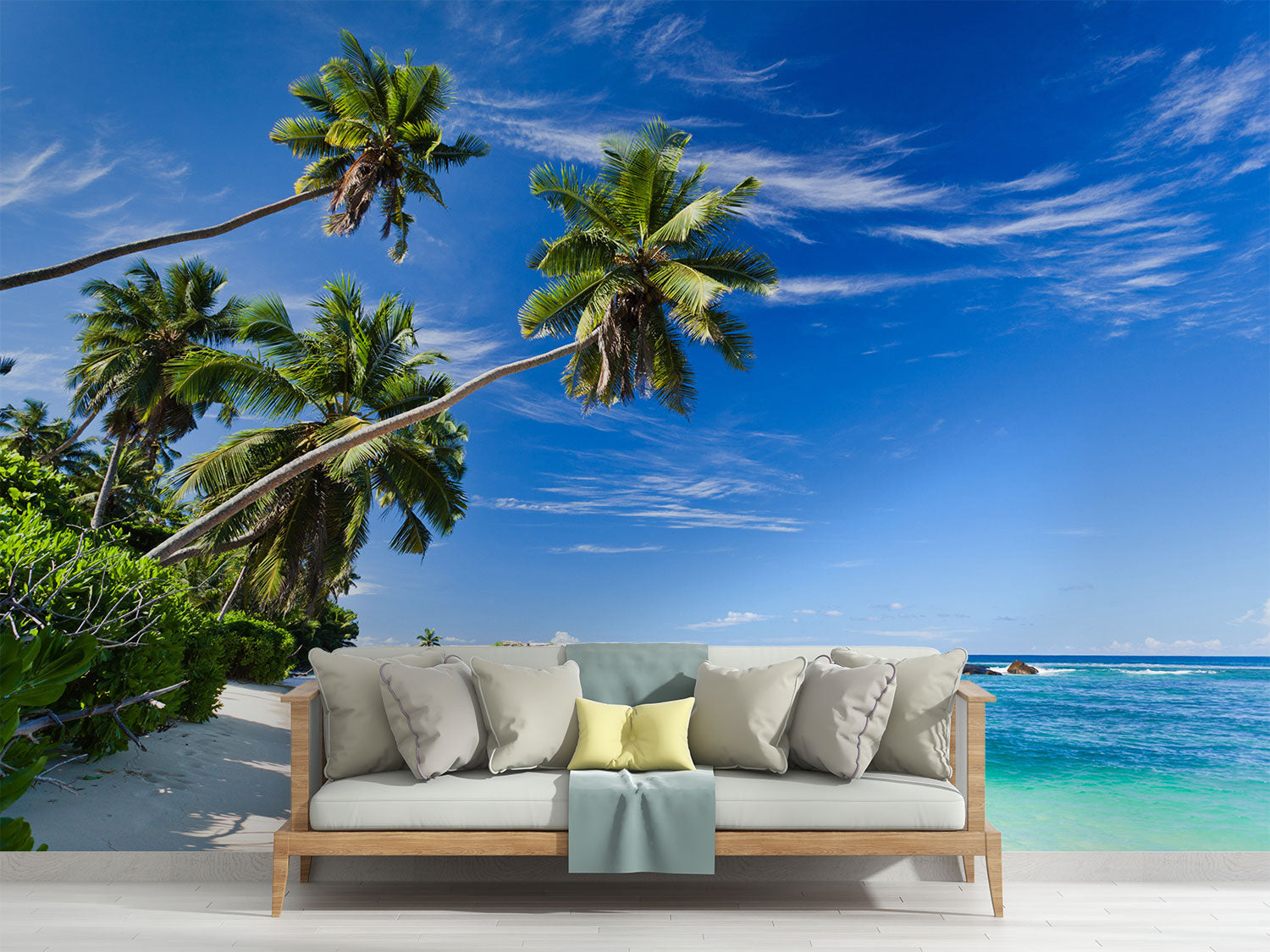 Palm oasis wall mural featuring tall palm trees, white sand, and turquoise waters under a bright blue sky, creating a refreshing workspace atmosphere.