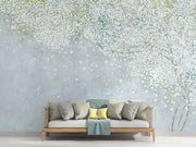 Soft blue and green wall mural with delicate white blossoms, creating a peaceful and elegant ambiance.