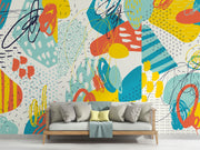 Abstract doodle wall mural with vibrant colors, bold shapes, and expressive line work, creating a dynamic and artistic room atmosphere.