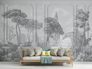 Grand Chateau Wall Mural featuring a grayscale European landscape with architectural details, trees, and a timeless, elegant aesthetic