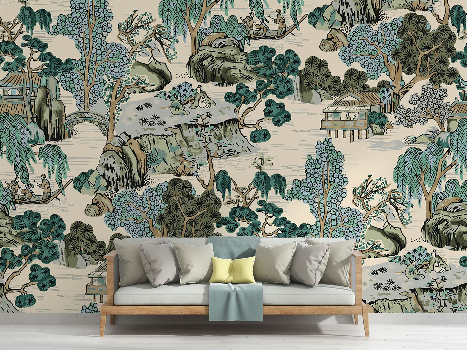Detailed view of Chinoiserie mural showcasing hand-illustrated trees, pavilions, and serene water features in soft jade, taupe, and ivory tones; decorating a living room.