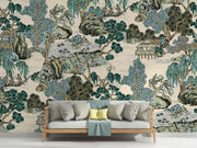 Detailed view of Chinoiserie mural showcasing hand-illustrated trees, pavilions, and serene water features in soft jade, taupe, and ivory tones; decorating a living room.