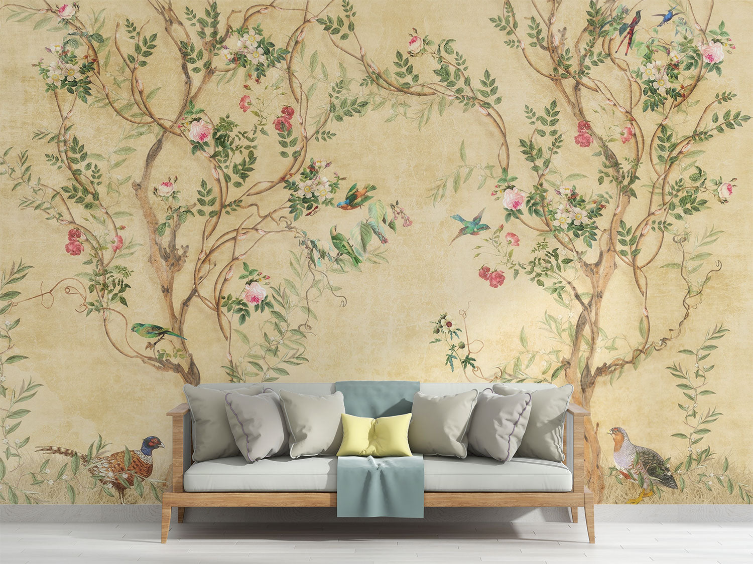 Elegant chinoiserie-style wall mural featuring delicate tree branches, blooming flowers, and colorful birds on a vintage beige background
