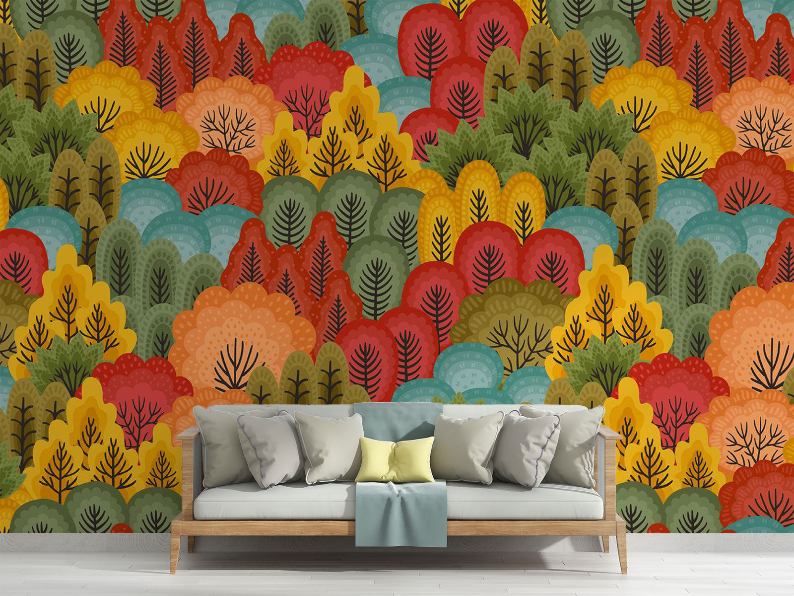 Vibrant Forest Wall Mural featuring colorful abstract trees in red, orange, green, and blue tones, ideal for modern and artistic interiors.
