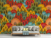 Vibrant Forest Wall Mural featuring colorful abstract trees in red, orange, green, and blue tones, ideal for modern and artistic interiors.