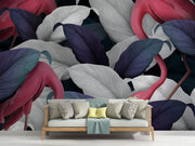 Elegant Tropical Flamingo Wall Mural – Exotic Jungle Wallpaper Featuring Pink Flamingos and Oversized Botanical Leaves in Navy, Silver, and Green for Modern Interiors.
